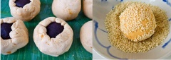 Sau đó, ấn dẹt bột khoai lang rồi đặt một viên bột đậu đỏ lên, sau đó miết các mép bột khoai lang lại để đậu đỏ được bao kín. Lăn viên bột giữa hai lòng bàn tay để bột bánh thật tròn. Sau đó lăn viên bột vào chén mè rang thật đều để mè bám vào.