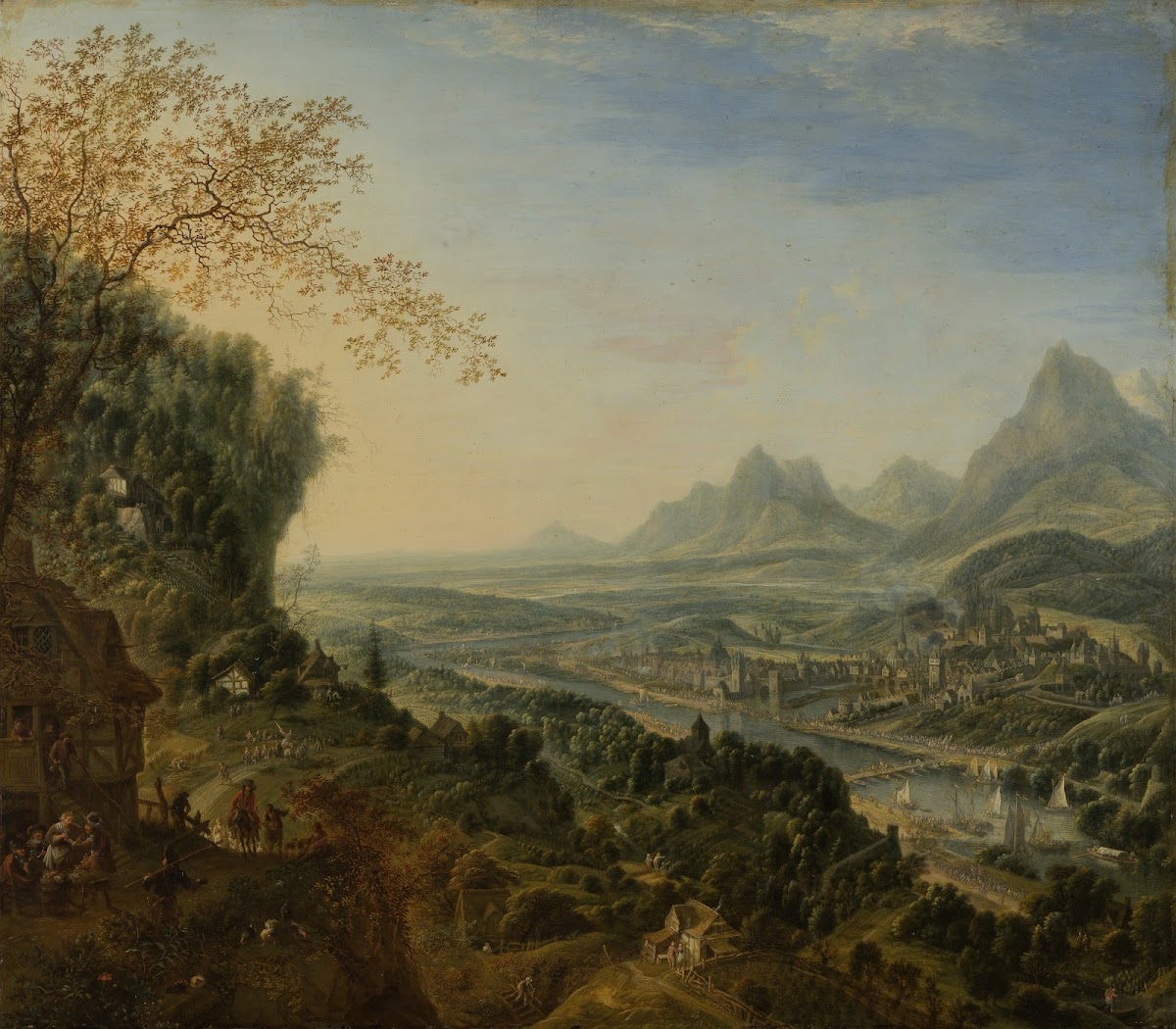 River Landscape with Rhine Motifs and Troops Passing ca 1700