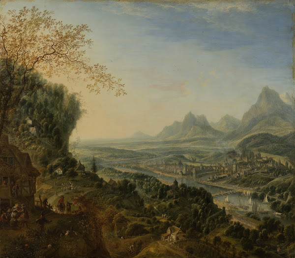 River Landscape with Rhine Motifs and Troops Passing ca 1700