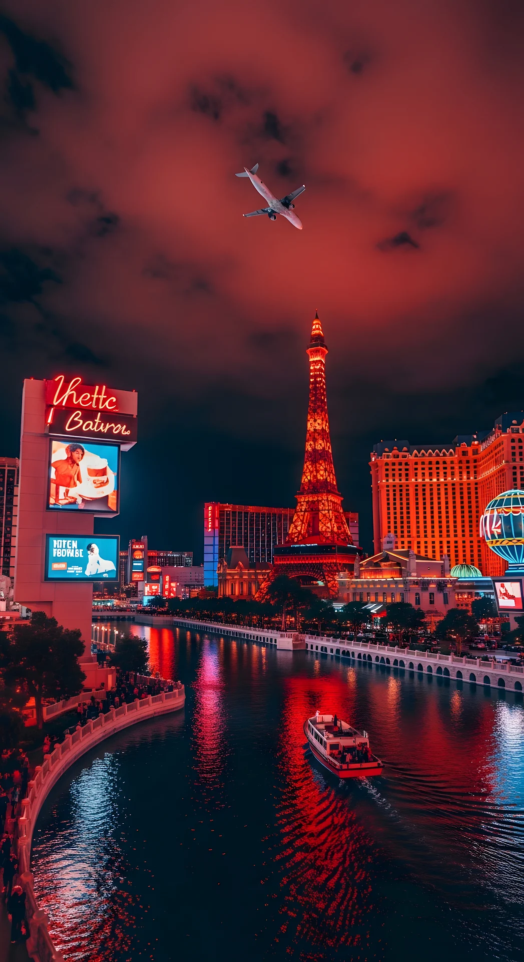 Las Vegas Eiffel Tower Nightscape Red Sky Airplane View - Free 4K mobile Wallpaper