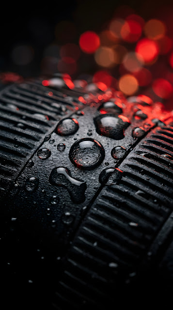 Macro Close-up of Water Beads on Black Ribbed Texture - Free mobile Wallpaper