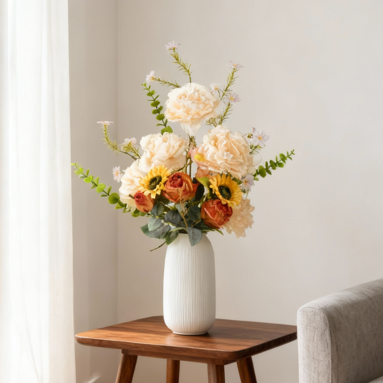 Keramikblumenvase mit Rillen, modern, Weiß
