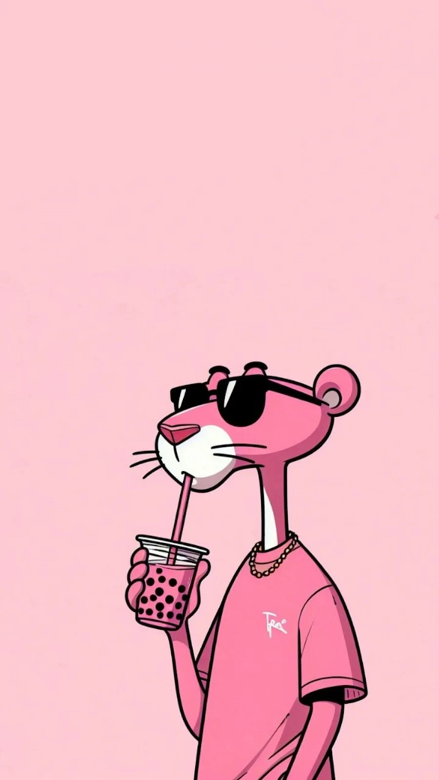 The Pink Panther Drinking Boba - Minimalist Cartoon Illustration Full HD iPhone Wallpaper (1200x2133)