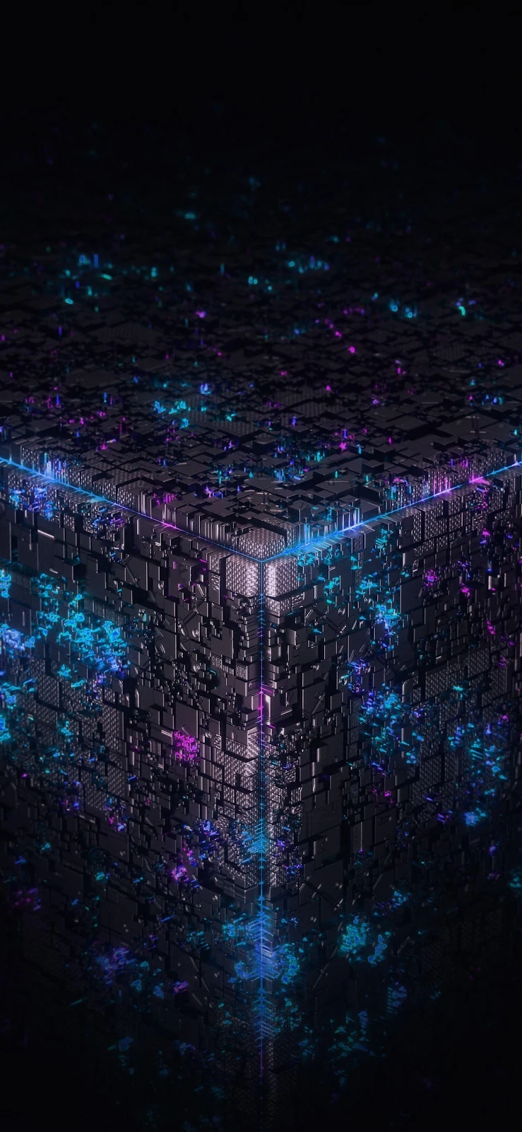 Abstract Glowing Cybernetic Cube - Sci-Fi Digital Art Full HD iPhone Wallpaper (1407x3045)