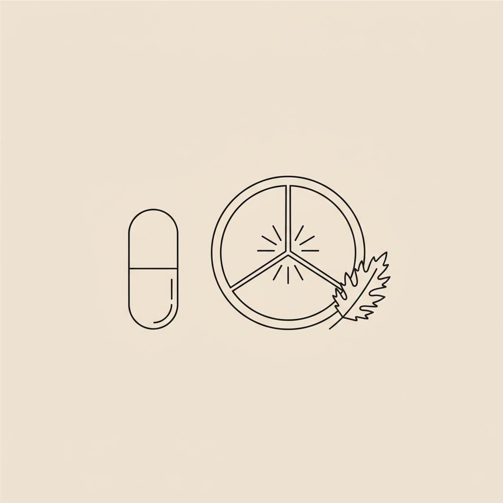 Minimalist 2D vector line illustration on beige background showing a capsule, a divided plate with balanced portions and a milk thistle leaf — does CLA affect the heart