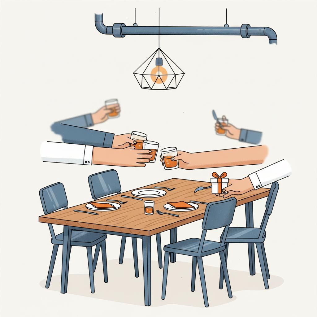 2D-Vektor: Esszimmer mit Händen, die Gläser anstoßen und Geschenke reichen, warmer industrieller Charme mit Holz- und Metalloberflächen, 30. geburtstag