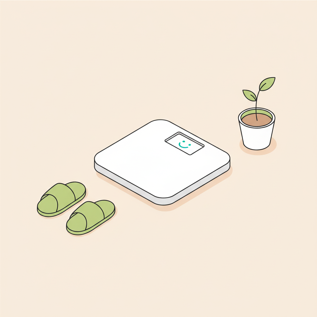 Minimalistische 2D-Vektorillustration einer Waage mit Smiley-Display, Hausschuhe und Pflanzentopf vor #F7EDE6 Hintergrund – motiviert schnell Körperfett verlieren
