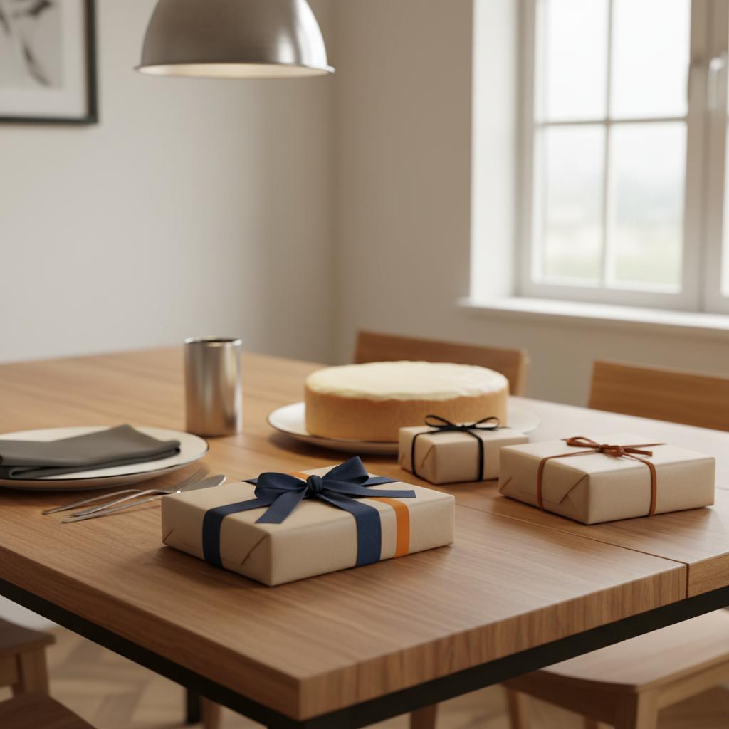 Intime Tischszene mit schlichter Vanilletorte und verpackten Geschenken, Betonung auf Metalldetails und warmes Licht – 50. Geburtstag Traditionen