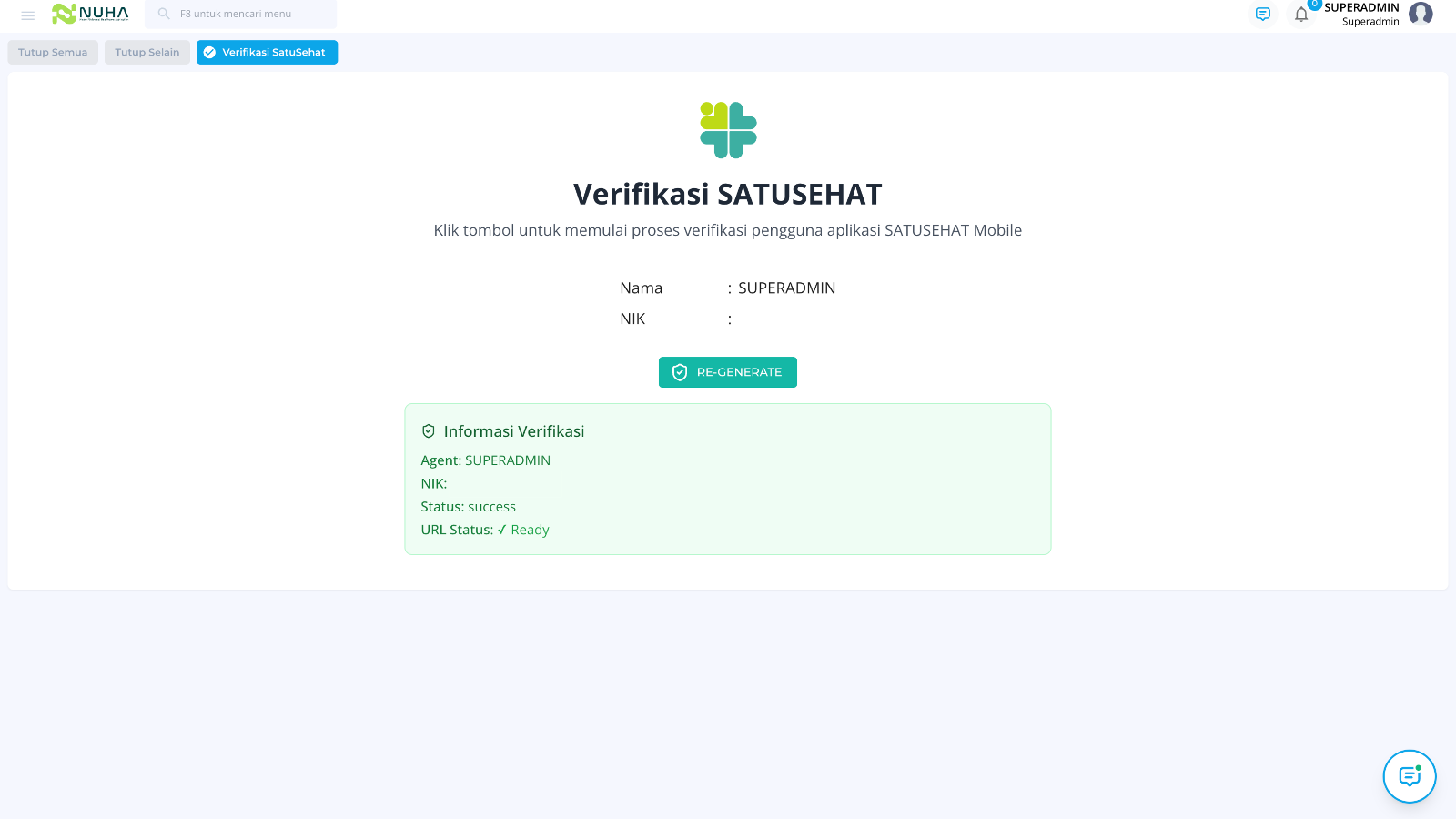 Tampilan fitur Verifikasi SATUSEHAT pada Modul Integrasi SATUSEHAT NUHA