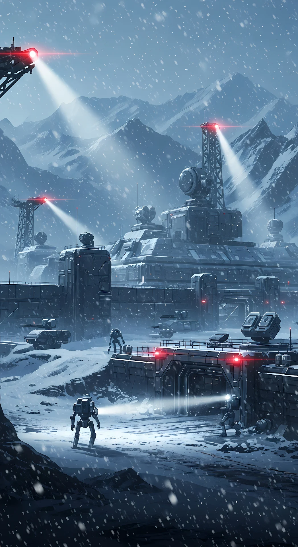 Arctic Military Base in Snowstorm with Patrol Mechs - Free 4K mobile Wallpaper