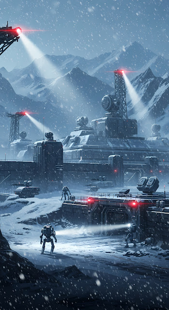 Arctic Military Base in Snowstorm with Patrol Mechs - Free mobile Wallpaper