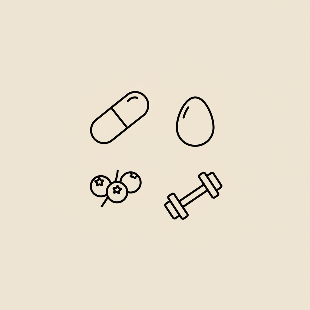 Minimalist line illustration of a capsule, egg, blueberry cluster and dumbbell arranged in a loose circle on beige background, representing female hormones.