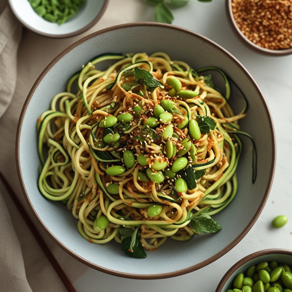 Final Spicy Sesame Zucchini Noodles with Crunchy Garlic Edamame