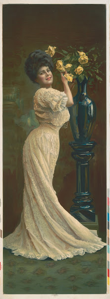 Woman with lace dress arranging yellow roses in a vase 1907