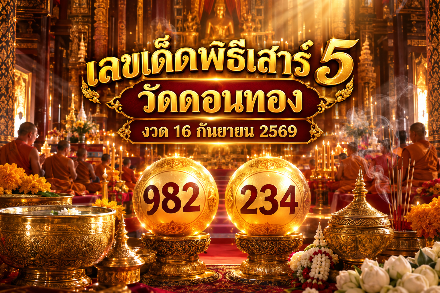 เลขเด็ดพิธีเสาร์ 5 วัดดอนทอง งวด 16 กันยายน 2569 ส่องเลขปิงปองมงคล 3 ตัวตรง