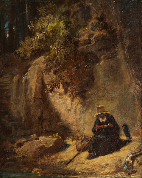 Lesender Einsiedler mit Raben in einer Schlucht 1830 1835