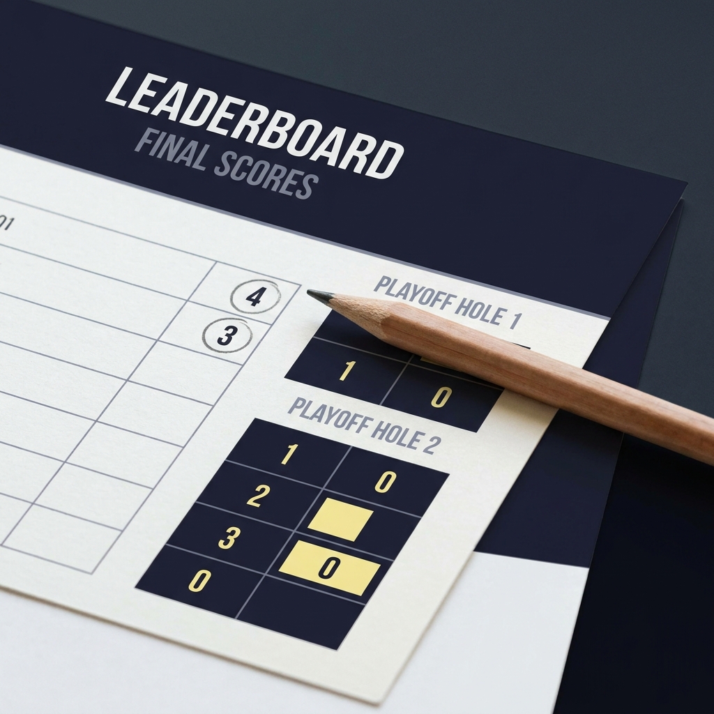 Close up of a scorecard and pencil highlighting playoff hole counters on a leaderboard for pga tour betting minimalist Funded Plays color palette