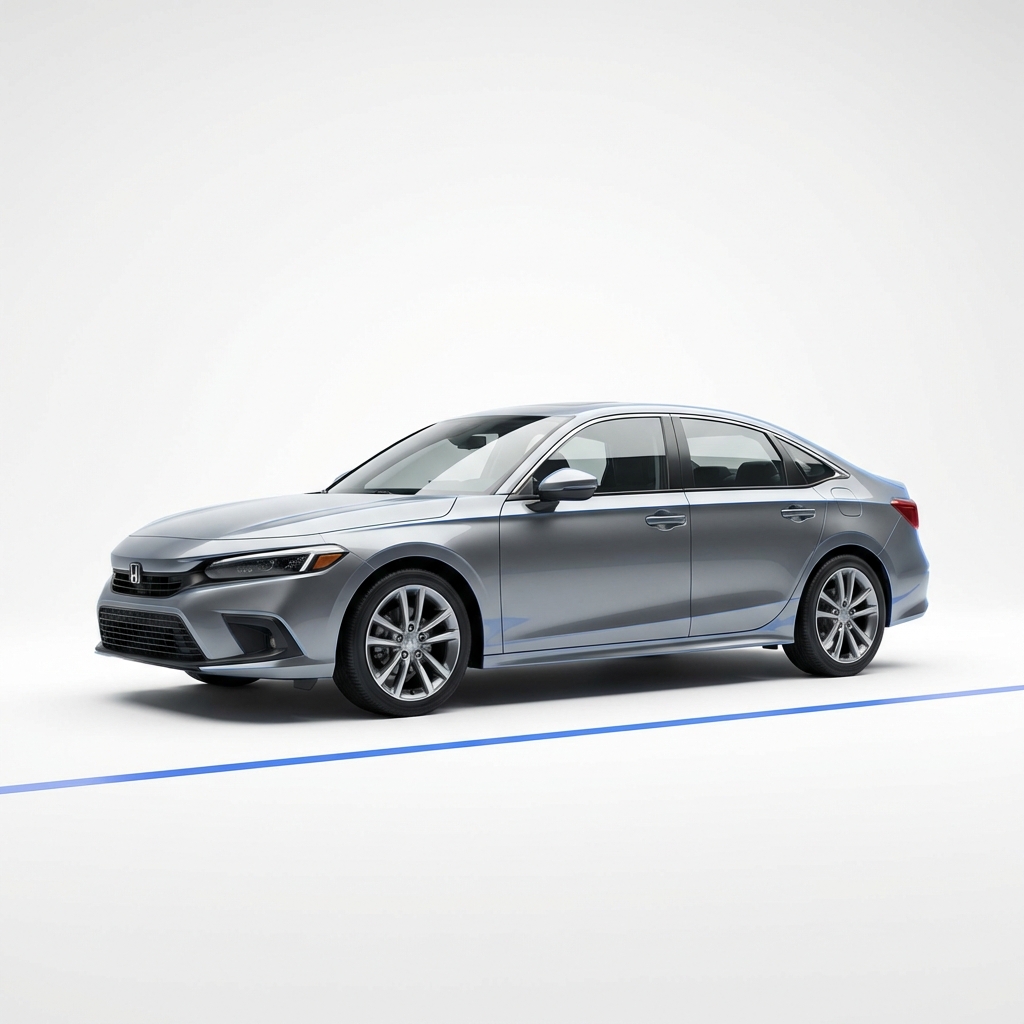 Full frame clean studio photo of a modern midsize sedan on white background with subtle blue brand accents for edmonds auto values