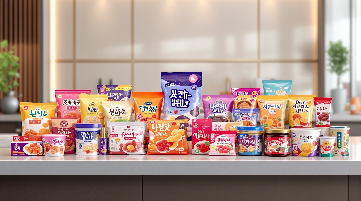 다양한 브랜드의 다이어트젤리 제품이 비교 차트 위에 진열되어 있고, 성분, 칼로리, 가격, 유산균 함량 등 주요 비교 포인트가 표로 정리된 인포그래픽, 소비자가 체크리스트를 들고 제품별 특징을 확인하는 모습