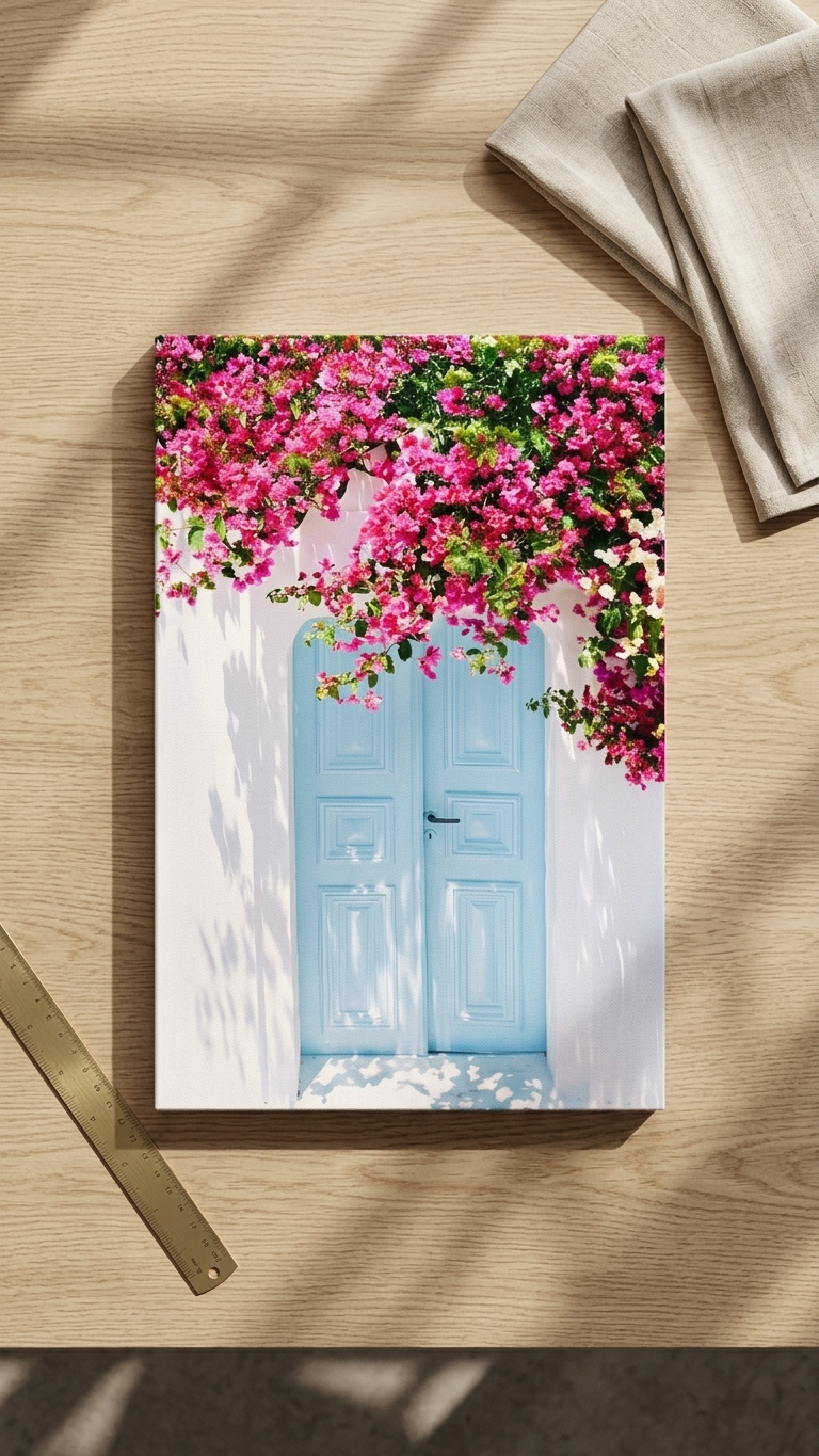 Vibrant Pink Bougainvillea & Blue Door Canvas Print Wall Art UK (40x60) - Image 2