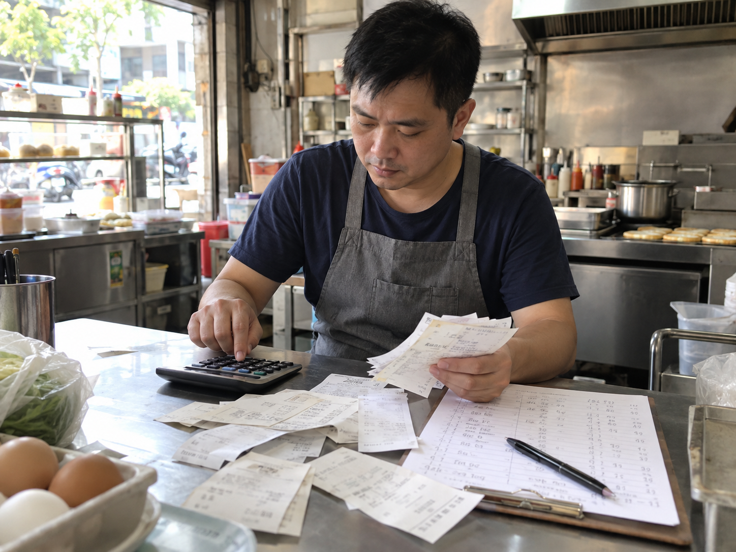 早餐店老闆用單據與計算機盤點日常成本