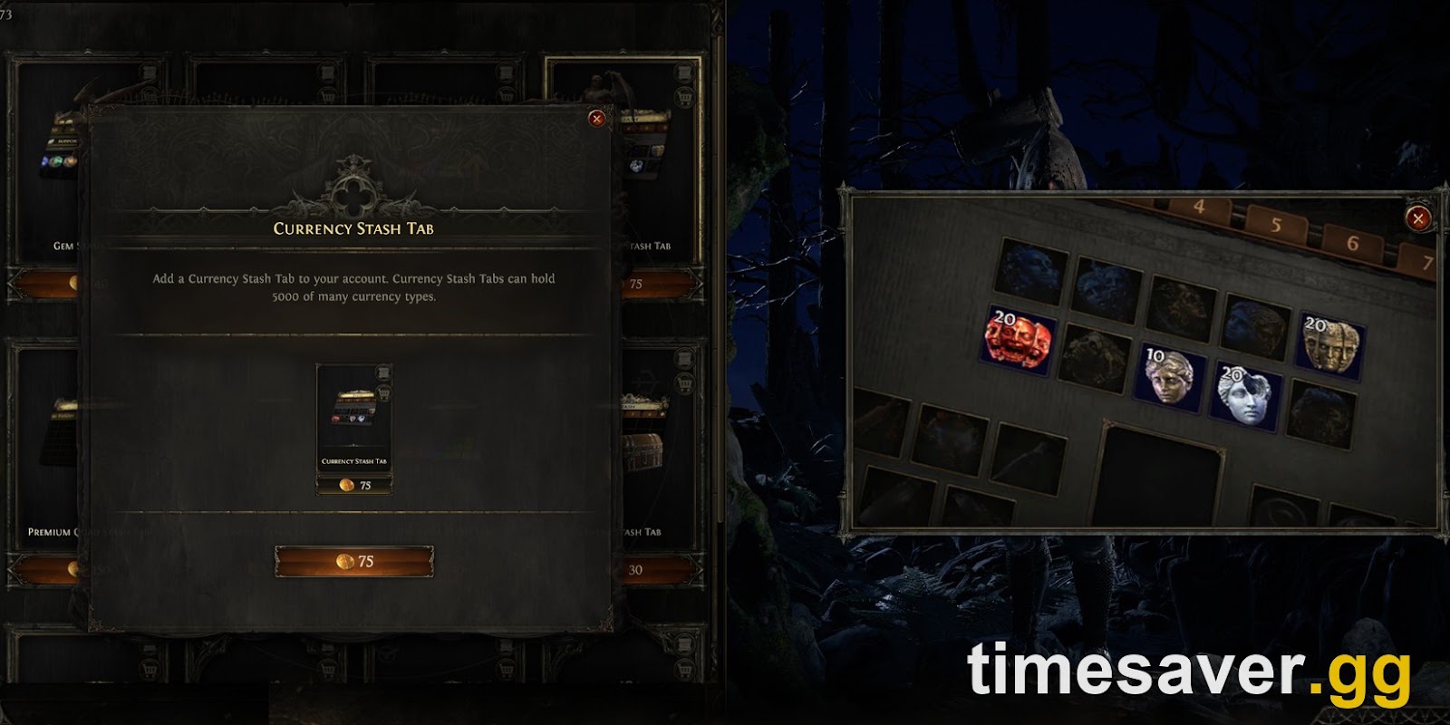 PoE2 Currency Stash Tab holding orbs — convert your juiced-map drops into Divine and Exalted