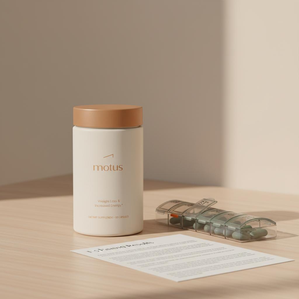 Minimalist clinical product photo of Tonum supplement container on a light wooden table next to an organized pill sorter and lab result sheet for bariatric vitamins comparison