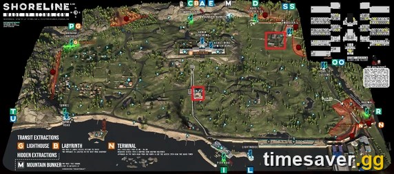 Escape from Tarkov Shoreline map with Smuggler spawn locations marked in red near the resort and weather station