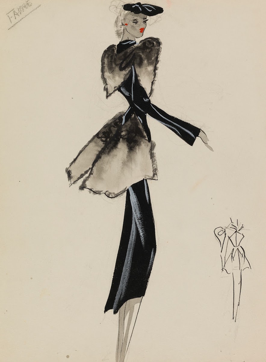 Manteau court noir avec empiècements de fourrure grise 1938
