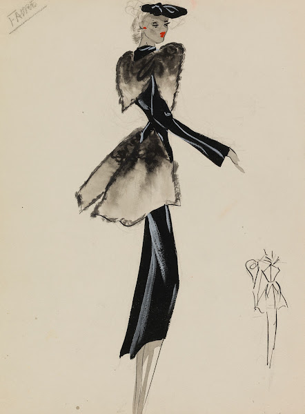 Manteau court noir avec empiècements de fourrure grise 1938