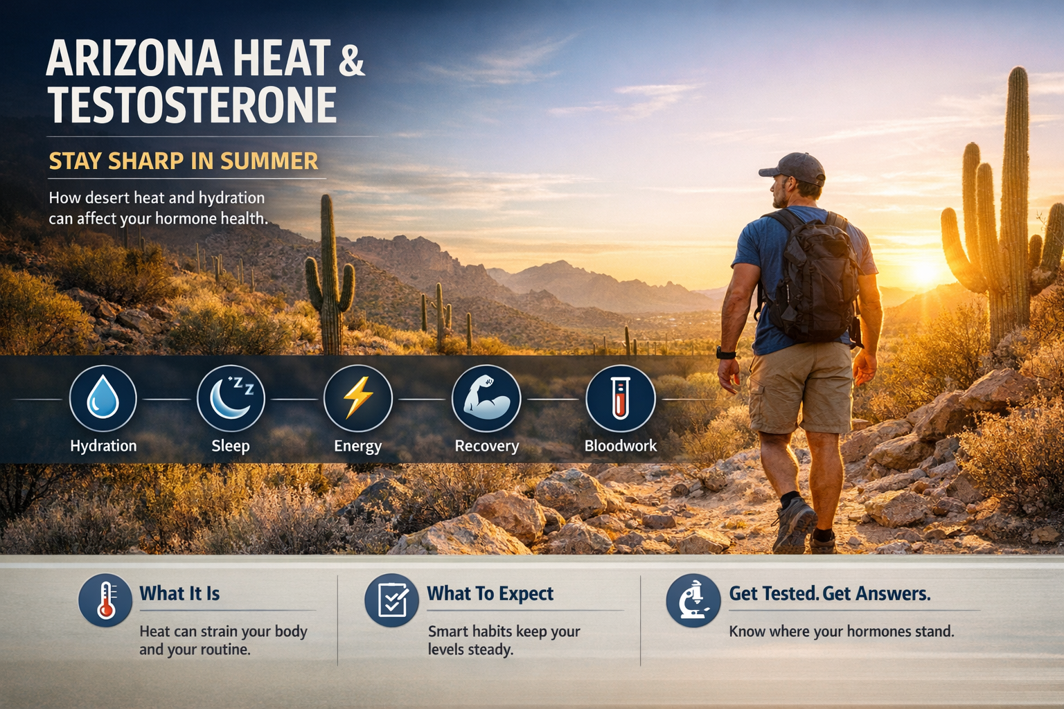 Does Arizona Heat Lower Testosterone? Summer Tips for Men — AZTRT Arizona TRT clinic blog cover showing a man hiking a desert trail among saguaro cacti