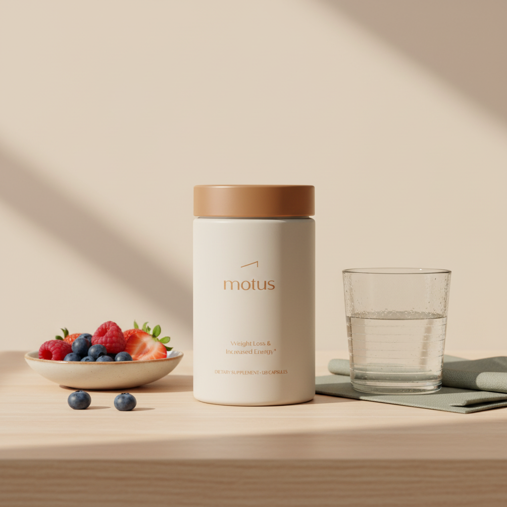 Tonum Motus jar on a wooden table with glass of water and small berries dish on a soft #F2E5D5 background, minimalist wellness scene — Wegovy weight loss timeline