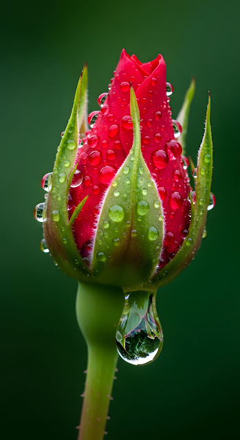 Vibrant Red Rose Bud Macro Water Droplets Nature - Free mobile Wallpaper