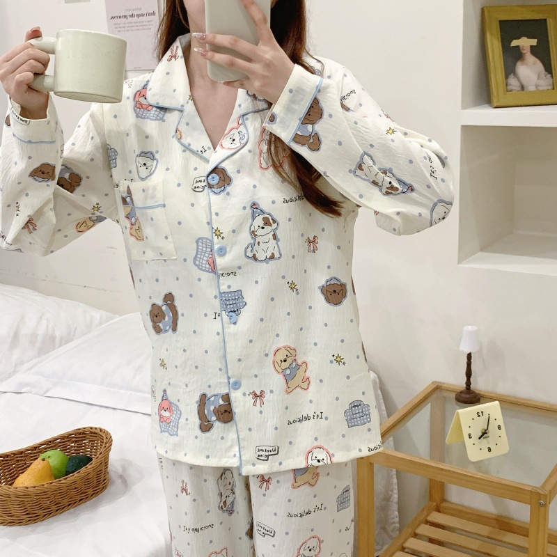 Damen-Pyjama-Set, langärmelig, Baumwolle, für Frühling und Herbst