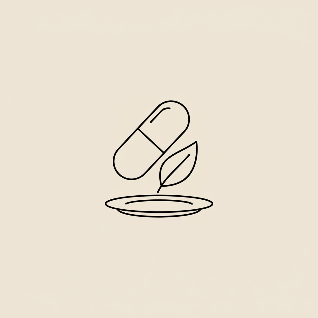 Minimalist vector line illustration of a capsule, leaf, and plate on beige background representing vitamins for brain fog