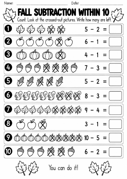 Fall Subtraction Within 10 Worksheet