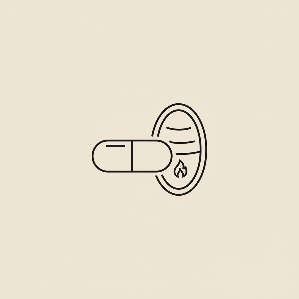 Minimalist line illustration of a capsule, mitochondrion outline and small flame on beige background representing berberine metabolism and cellular energy