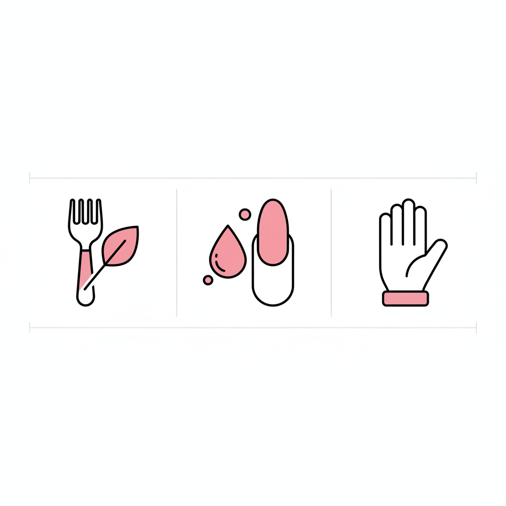 Minimalistische 2D-Vektor-Infografik zu brüchige Nägel mit drei Icons: Ernährung (Gabel+Blatt), Pflege (Öltropfen+Nagel), Schutz (Handschuh), weißer Hintergrund, Akzent #f57fb6