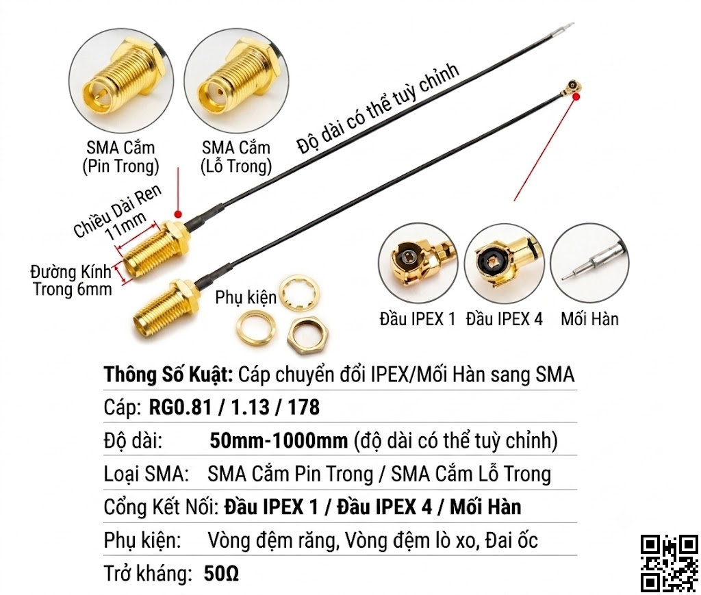 Cáp dài 0.15m, chuyển IPEX sang SMA 