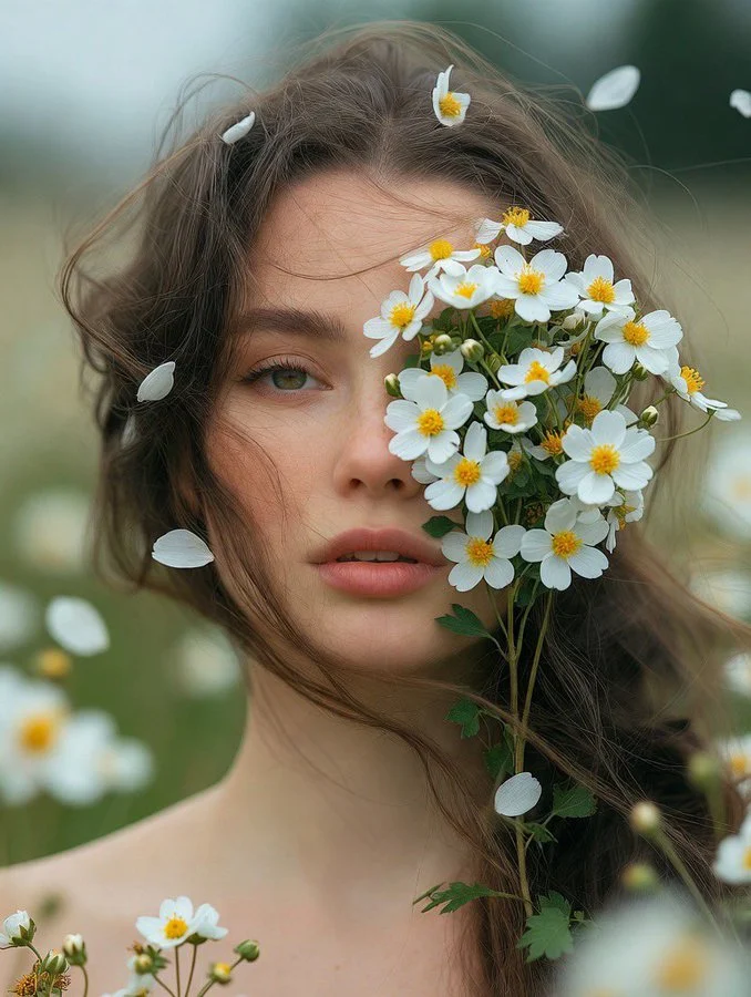 Retrato etéreo de niña con flores, primavera de ensueño