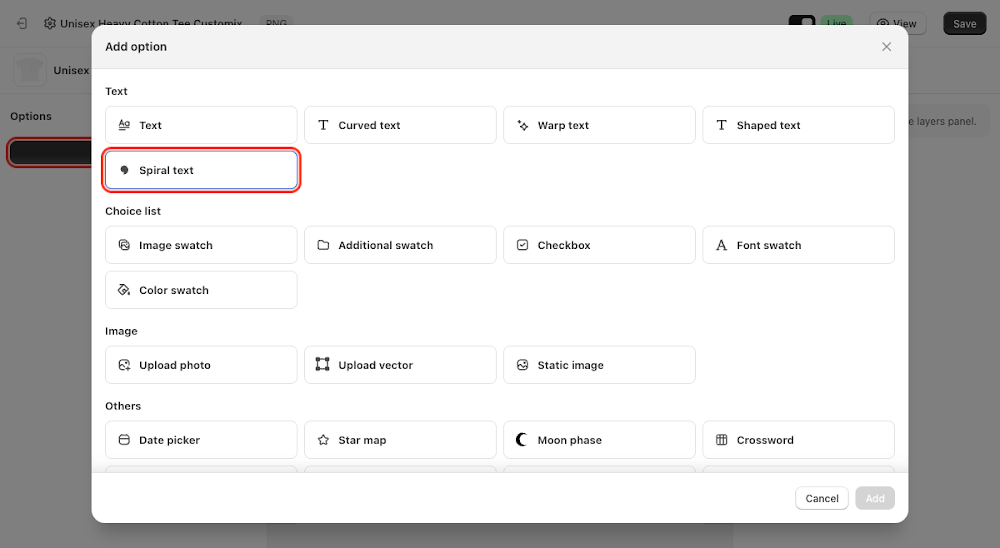 Add option menu with Spiral text selected under Text