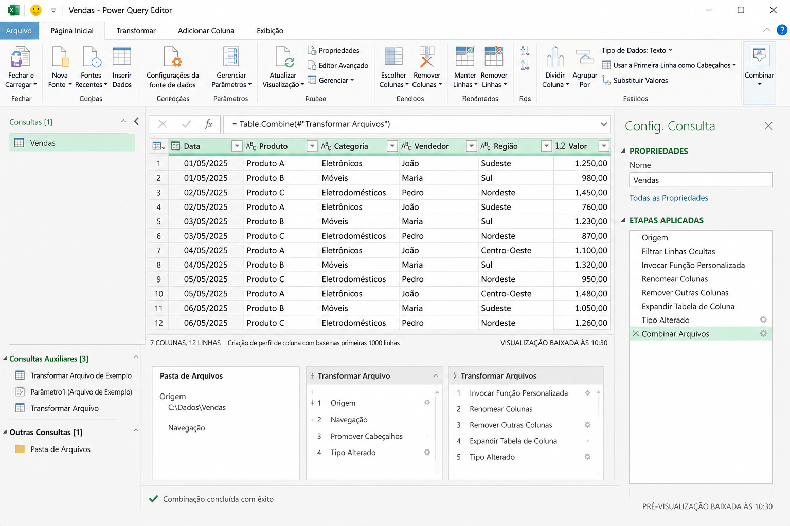 consulta do Power Query combinando arquivos de uma pasta