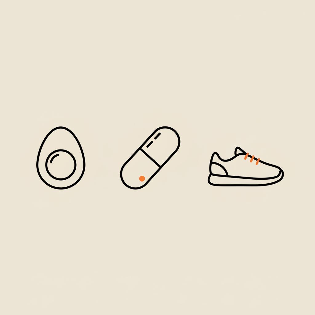 Minimal Tonum-style line icons of an egg, small capsule, and walking shoe on a beige background representing low dopamine wellness.