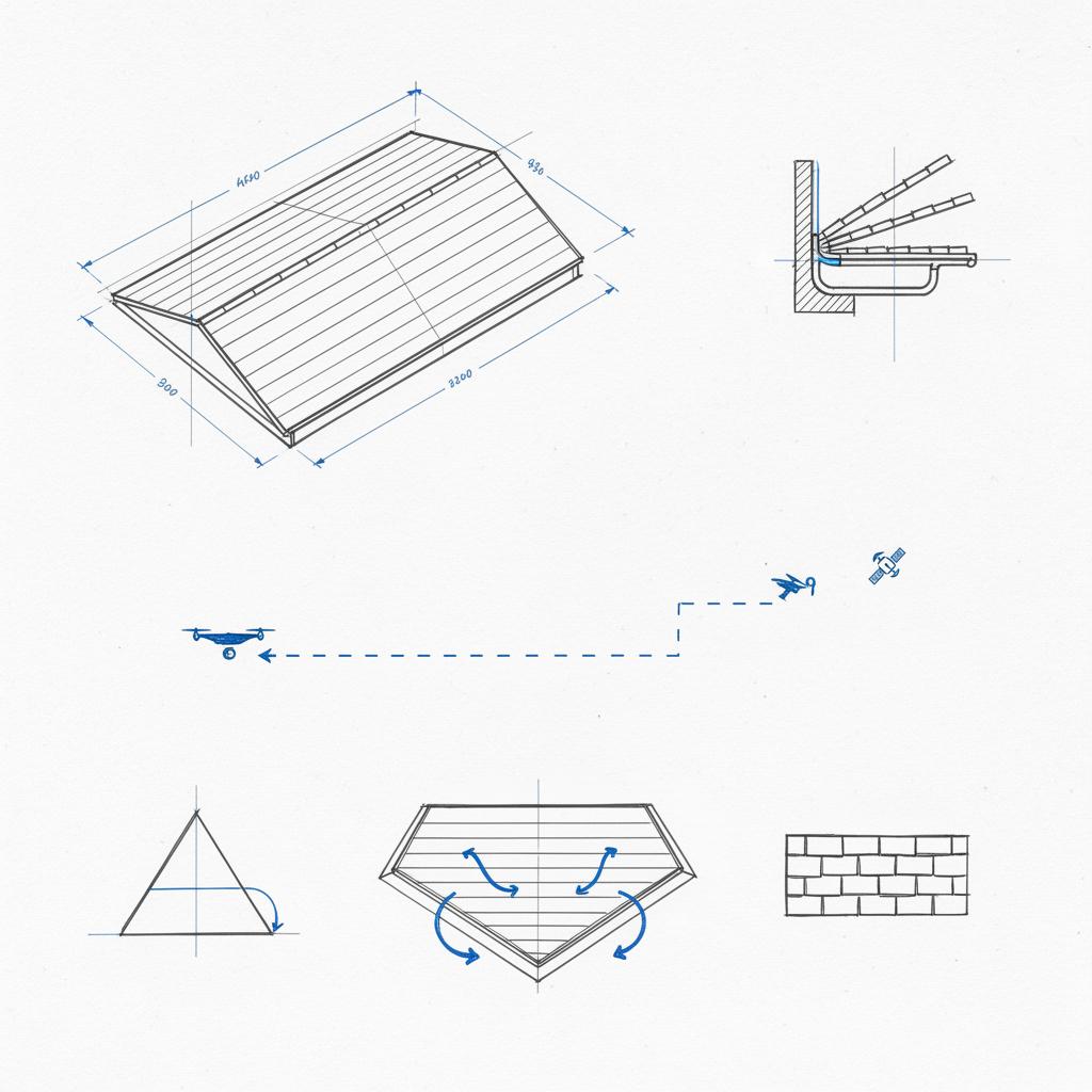 Technical sketch of a residential roof plan with measurement lines, drone and satellite icons on white paper texture, blue accent lines &mdash; how can I use AI to grow my roofing company