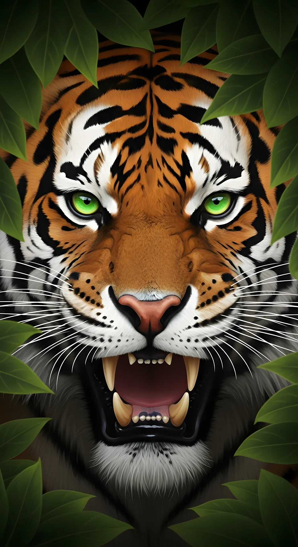 Roaring Tiger Face with Neon Green Eyes in Jungle Foliage - Free 4K mobile Wallpaper