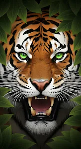 Roaring Tiger Face with Neon Green Eyes in Jungle Foliage