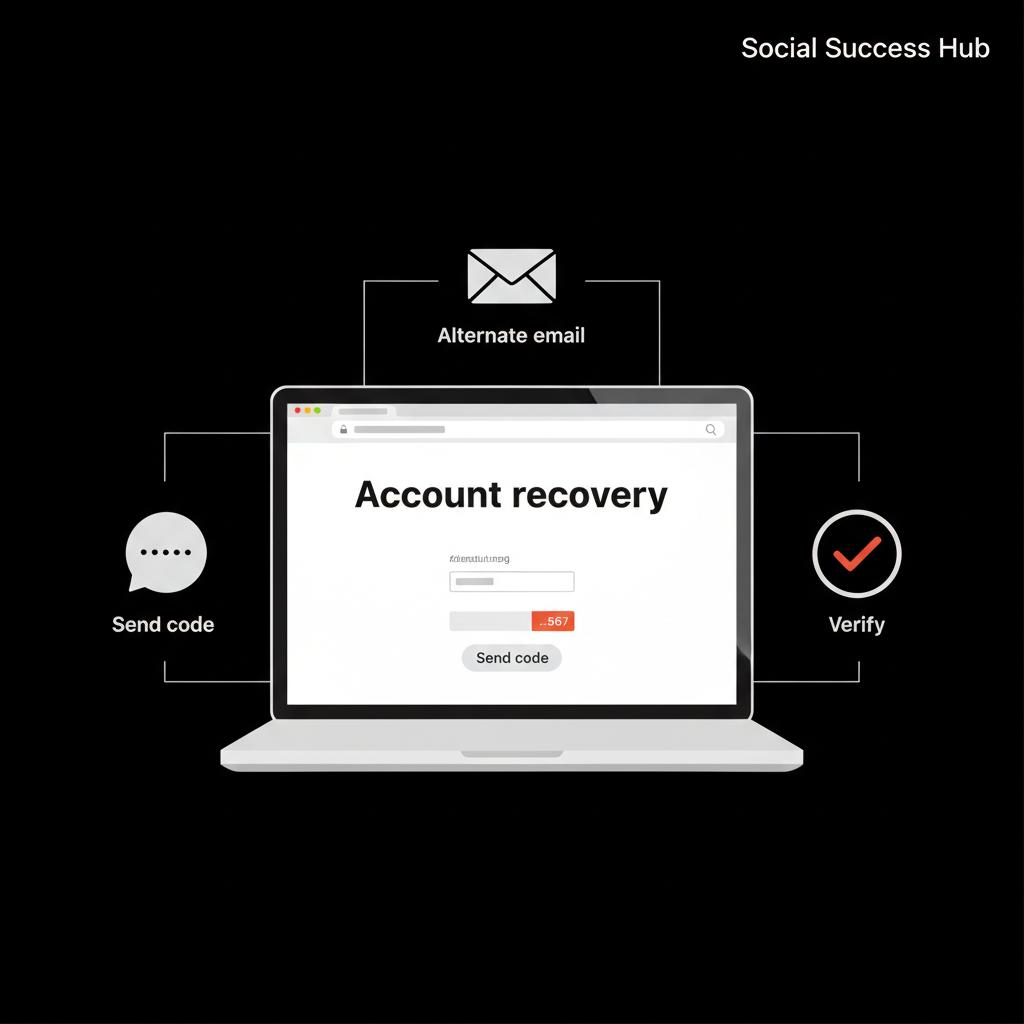 Full-frame minimalist infographic of a laptop showing an account recovery flow with SMS code icon, alternate email icon and checkmark for yahoo account recovery article.