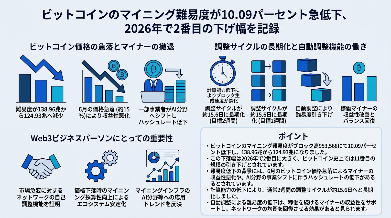 ビットコインのマイニング難易度が10.09パーセント急低下、2026年で2番目の下げ幅を記録
