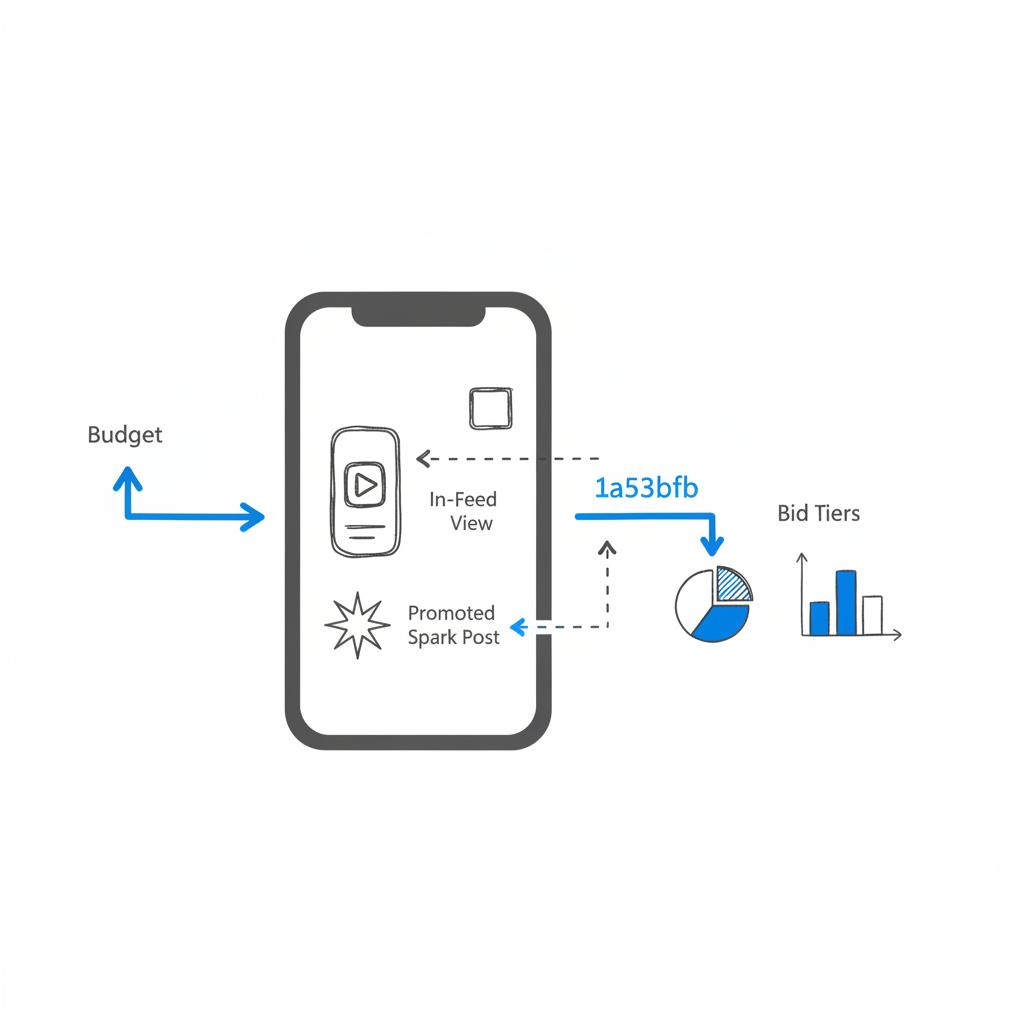 Minimal 2D vector diagram showing TikTok ad placements on a phone silhouette with arrows indicating budget flows &mdash; tiktok ad pricing, Agency Visible color palette.
