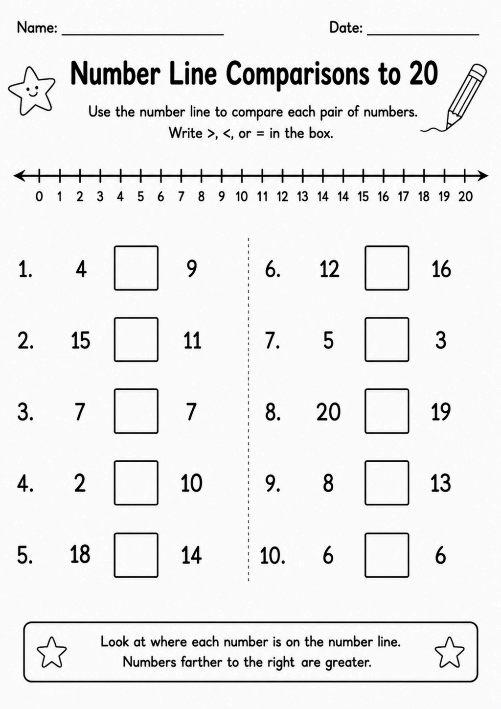 Number Line Comparisons to 20 Worksheet